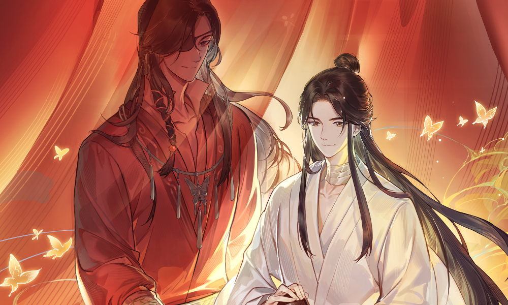 Two men painted softly in a Chinese art style; both have long dark hair, and the taller one has an eyepatch.