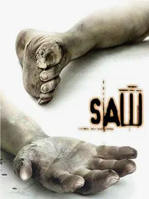 The Saw movie poster shows a decomposing hand and foot with the film title between them.