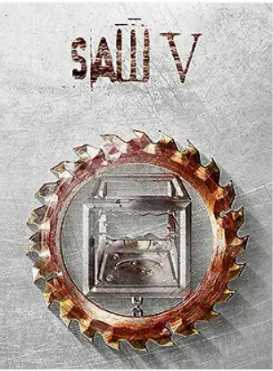 The Saw V movie poster shows a circular saw blade with a cube-shaped trap etched into it.