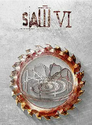 The Saw VI movie poster shows a circular saw blade with a playground carousel etched into it.