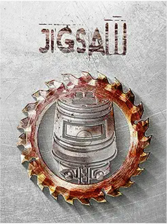 The Jigsaw movie poster shows a circular saw blade with a helmet etched into it.