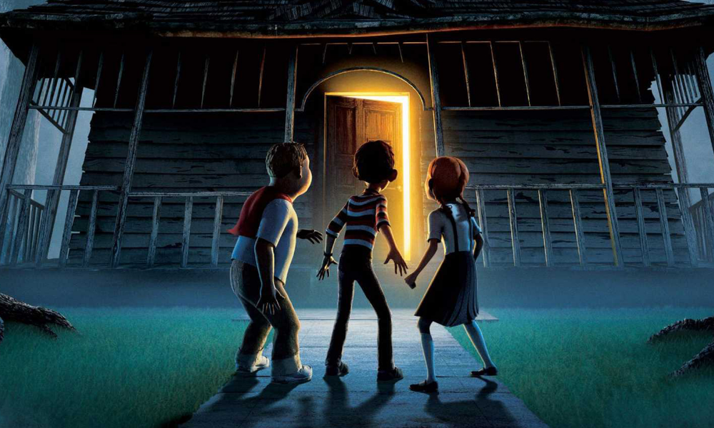 Three kids silhouetted by an eerie, glowing door set against a dark haunted house.