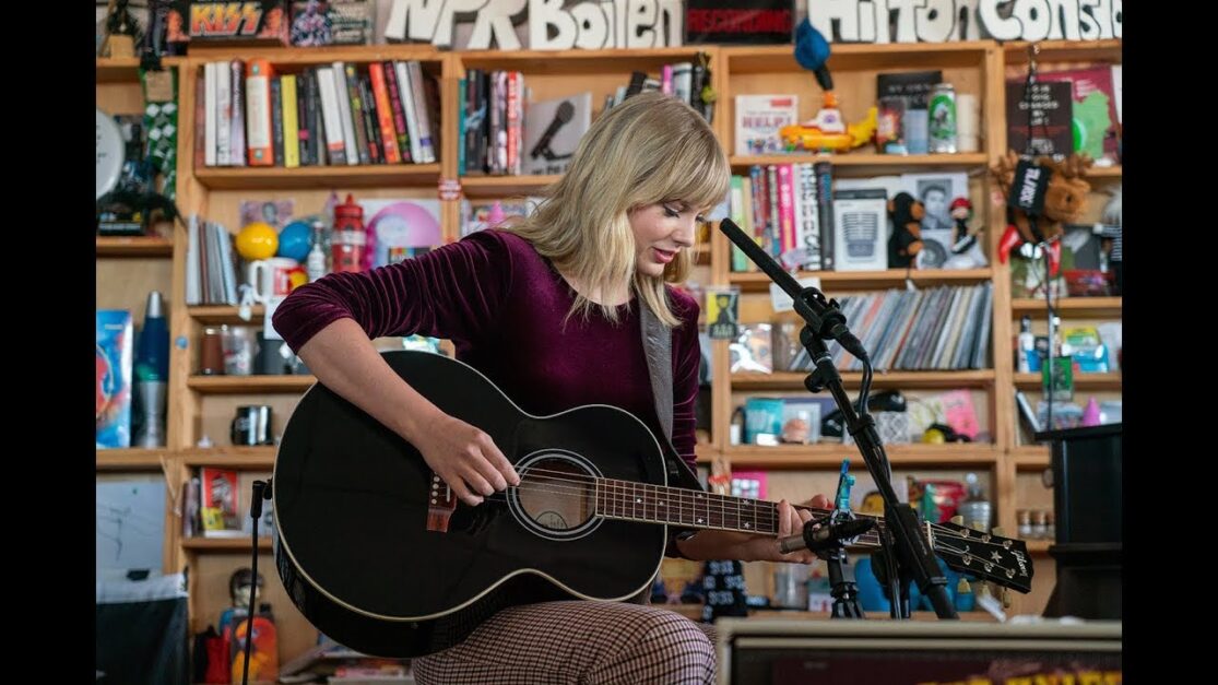 Taylor Swift performing an acoustic number on Tiny Desk