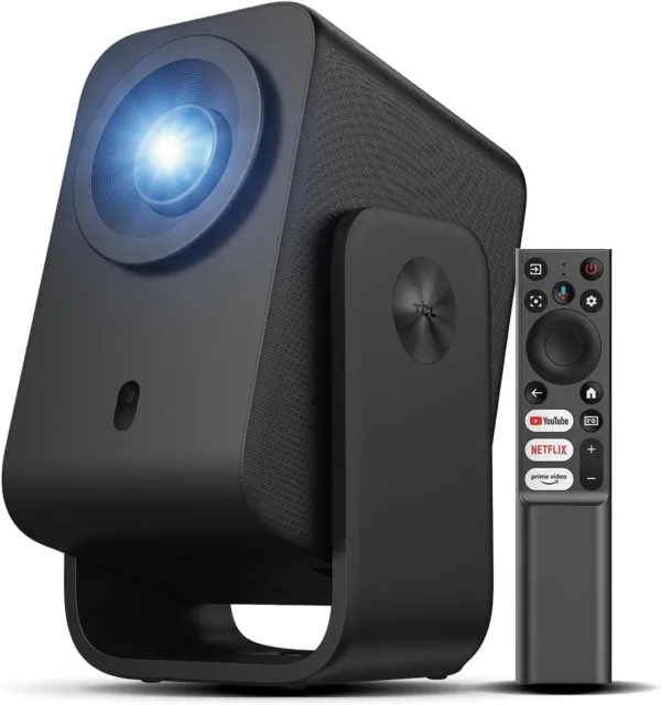 a small, black projector with a hinge and remote.