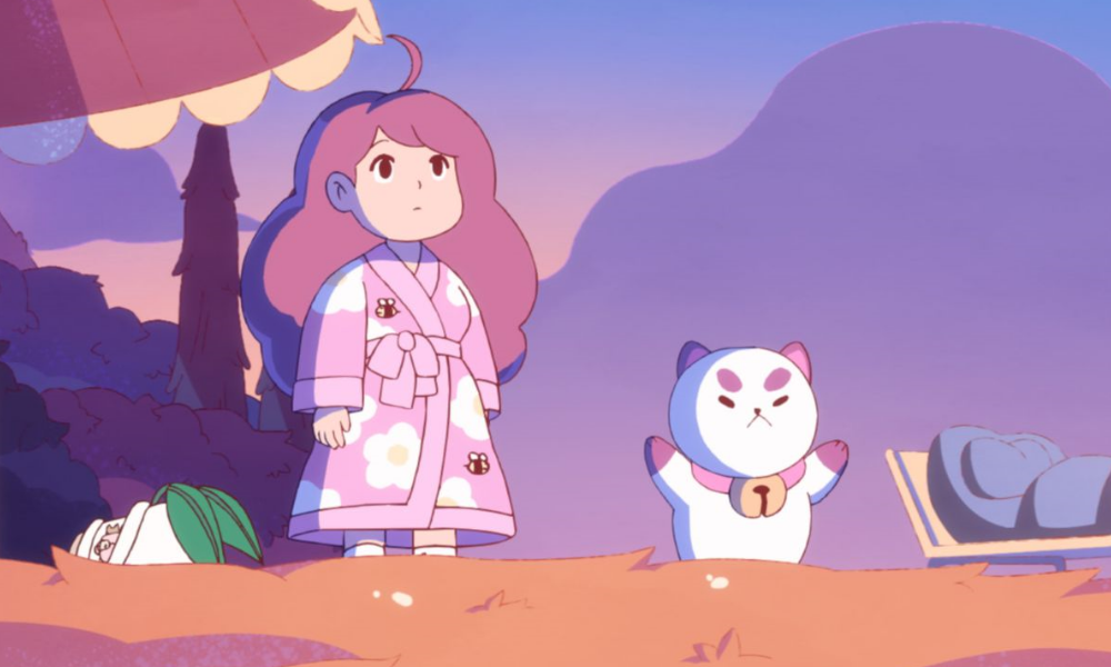 A woman with long brown hair in a pink bathrobe stands in soft pastel light next to a white puppy/cat with a bell on his collar.