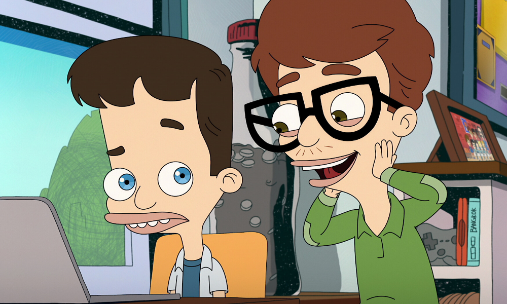 Two adolescent boys-- one with big lips and dark hair, one with lighter brown hair and glasses.