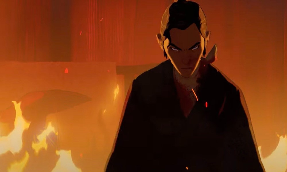 In an animated style, an angry Japanese swordfighter glares at the camera on a background of fire.