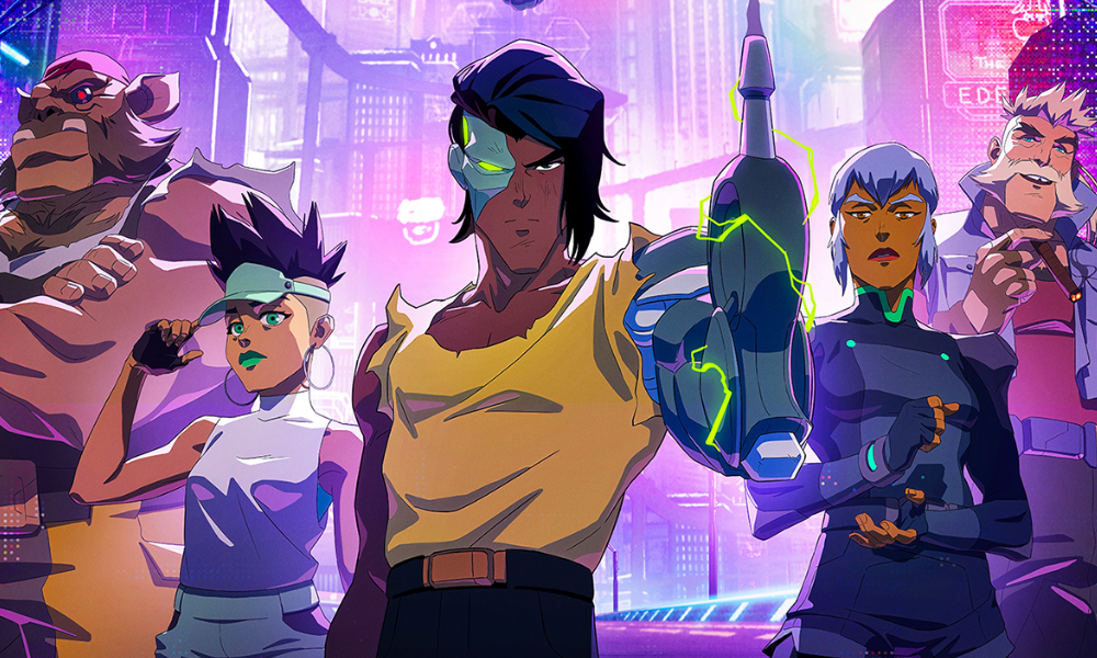 A team of cyberpunk-styled people, surrounding a man with a cybernetic eye and arm, on a pink and purple city background.
