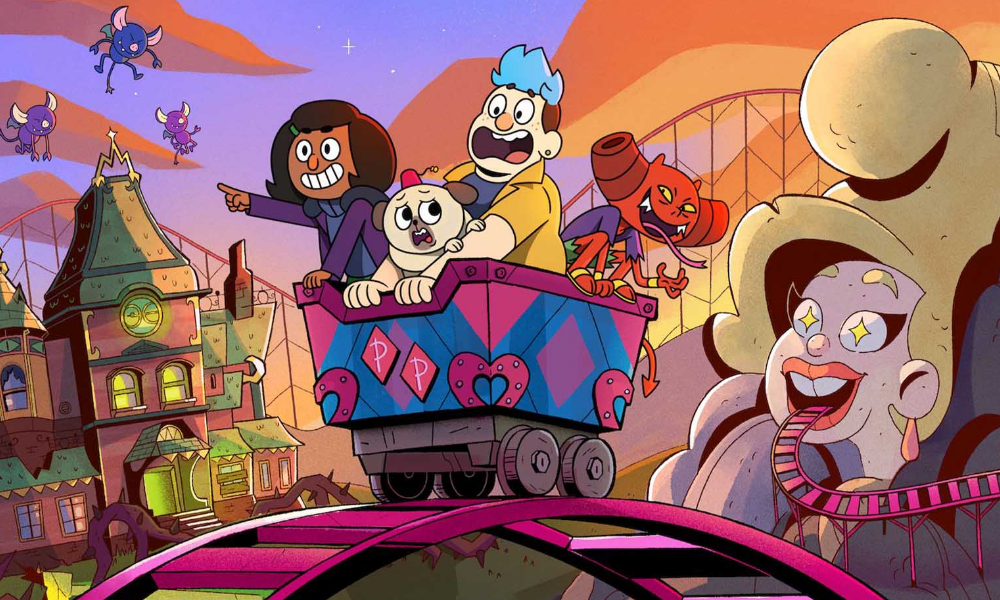 A girl, a dog, a boy, and a demon ride a rollercoaster in front of a haunted house and a structure shaped like the head of a Dolly Parton-like woman