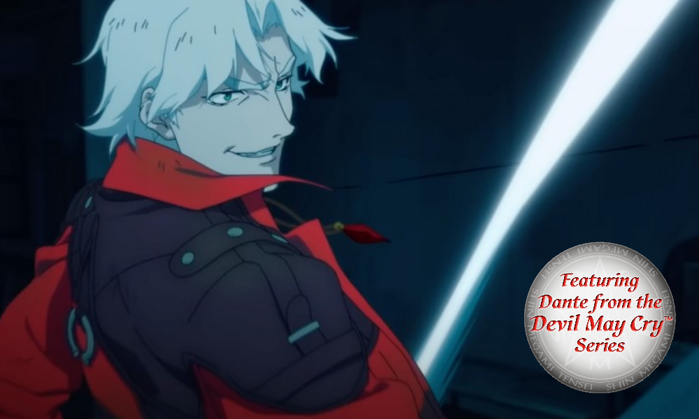 Dante (an anime man with white hair and a red coat) from the Devil May Cry series. A sticker says "Featuring Dante from the Devil May Cry (TM) series."