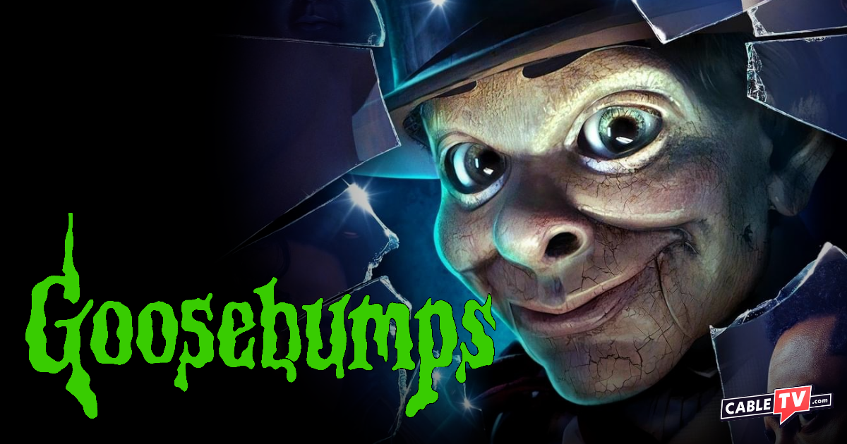 A creepy ventriloquist dummy with the Goosebumps logo in green ooze.