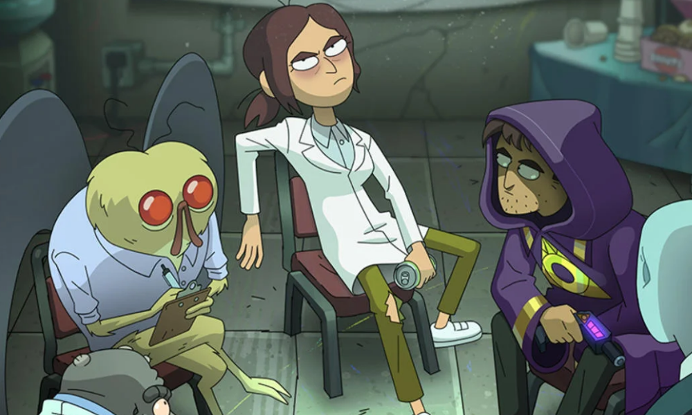 A sleep-deprived woman in a white lab coat sits at a support group meeting while holding a ray gun. She sits between mothman and a shady man in a cloak.
