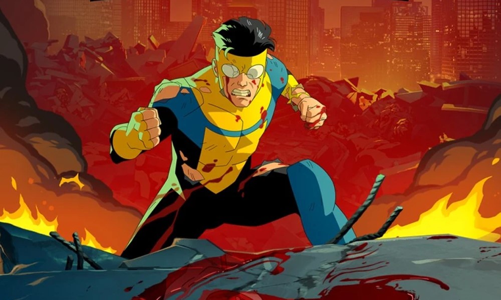 Invincible/Mark Grayson, a cartoon hero wearing yellow and blue on a background of red.