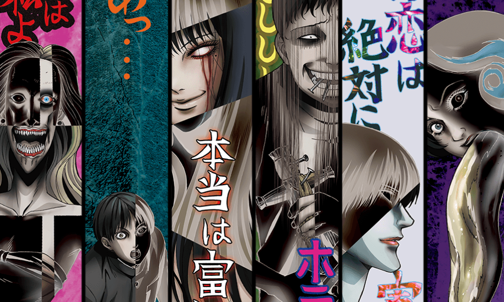 Vertical panels of spookily drawn anime characters in the style of Junji Ito, a famous horror comic artist.