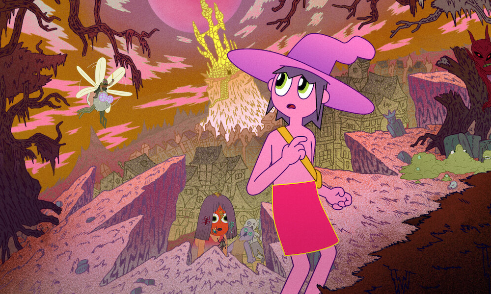 A pink cartoon man in a big wizard hat and skirt looks concerned about monsters coming from a trippy alien environment.