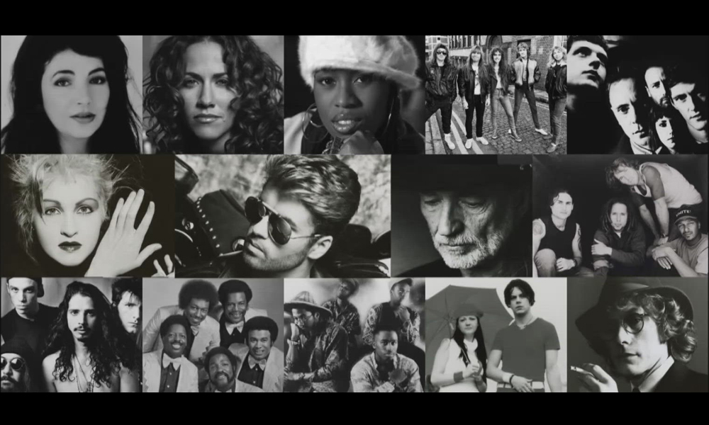 A black-and-white collage featuring notable musical acts.
