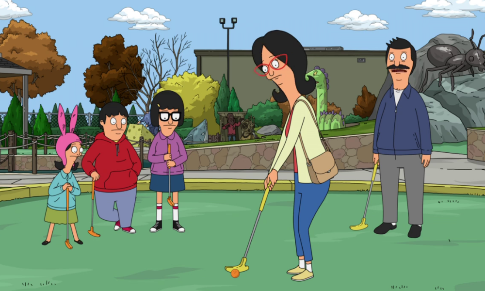 Linda, a cartoon woman wearing glasses, plays putt-putt golf with her family.