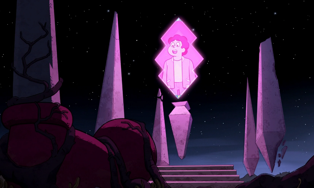 Steven, a cartoon teenage boy appearing over a pink hologram in a futuristic space setting.