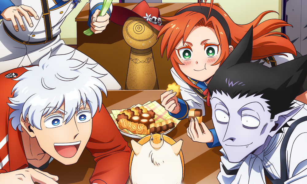 Three anime characters--a boy with white hair, a girl with red hair, and a vampire with purple skin and pointy black hair--look excitedly at a tiny armadillo.
