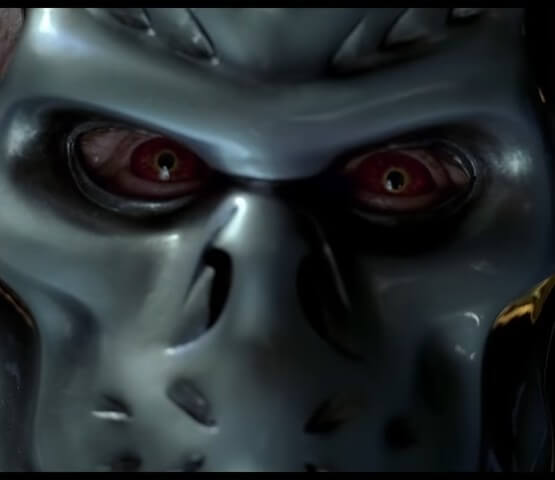 A extreme close-up showing a cyborg killer's red eyes peering out from behind a metal mask.