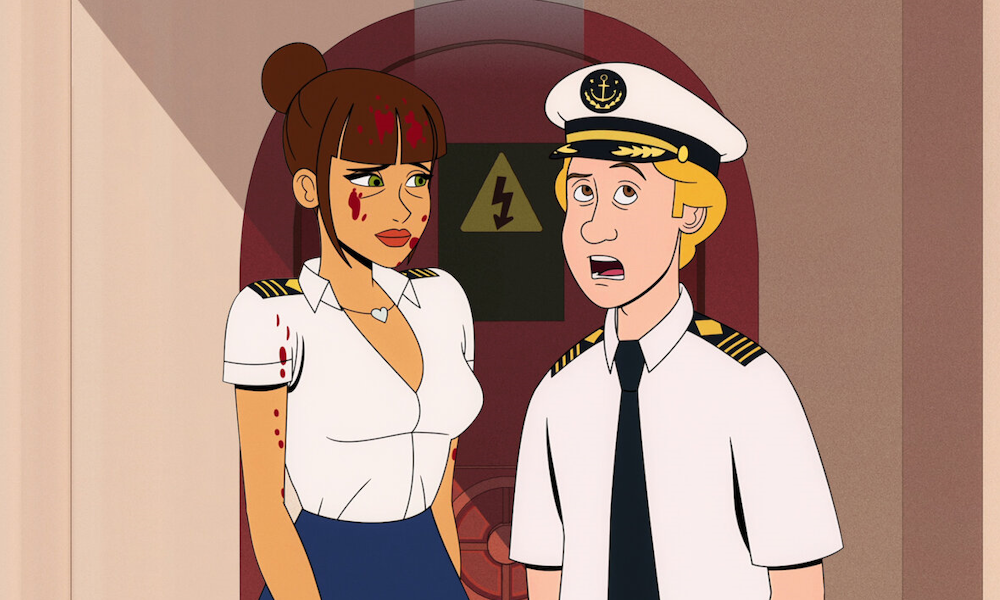 A woman with blood on her face next to a blond sea captain looking the other way.