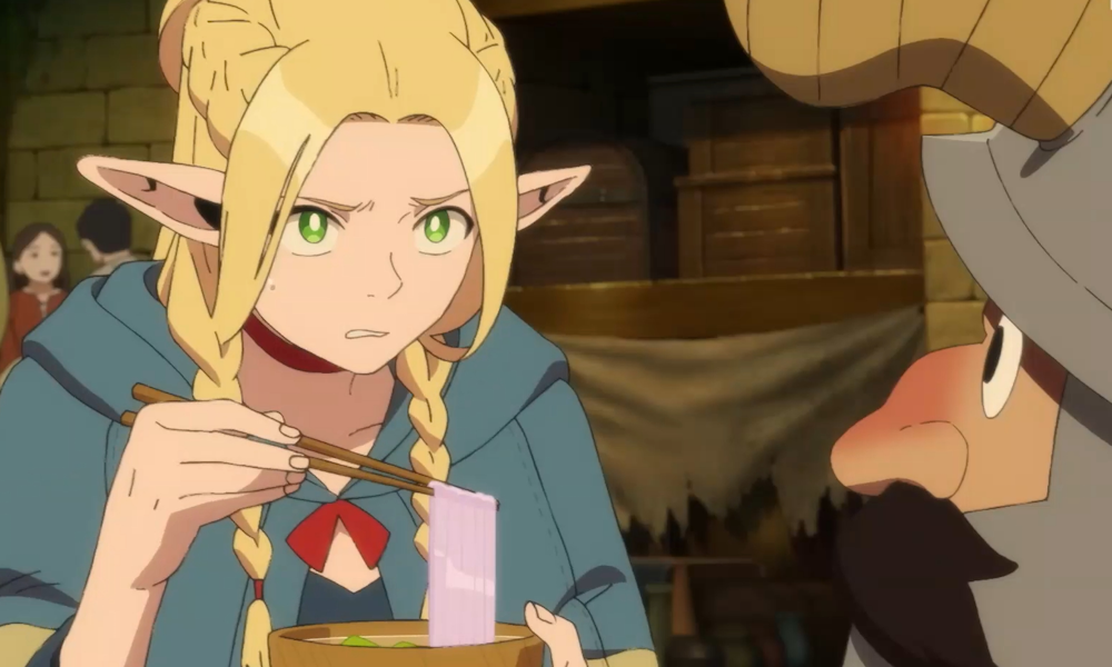 A blonde elven woman is upset and eating purple noodles with chopsticks.