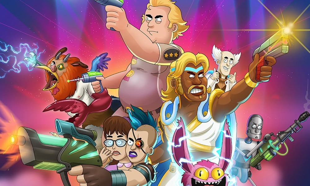 A colorful sci-fi cartoon with characters pointing weapons in different directions.
