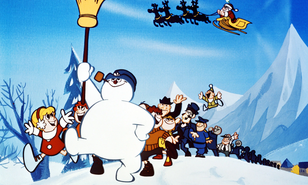 Frosty, a living snowman, leads a parade of children over a snowy hill.