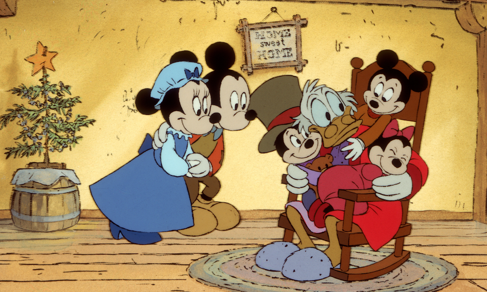 Scrooge McDuck surrounded by Mickey and Minnie's family.