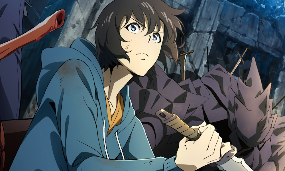 A dark-haired anime boy holding a knife.