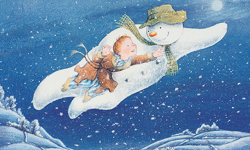 A flying snowman accompanied by a small boy.
