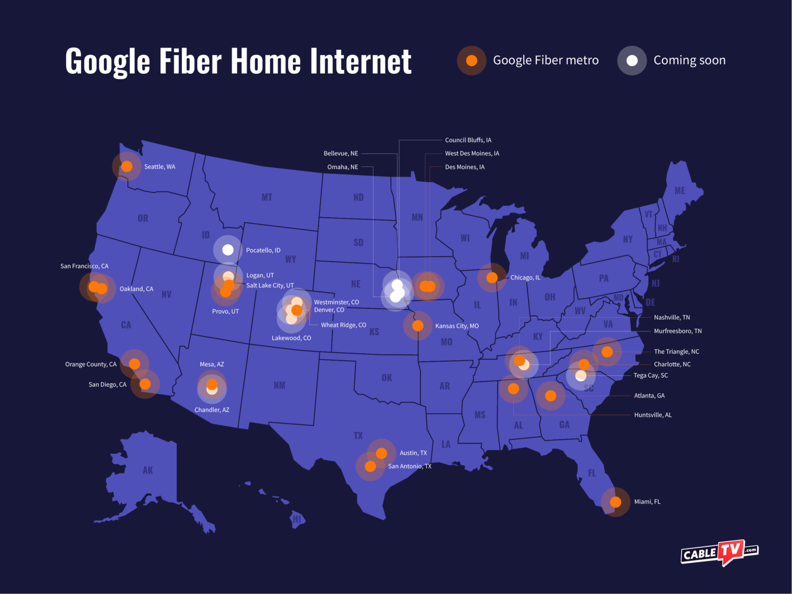 A map of the U.S. that shows cities and states with Google Fiber home internet service.