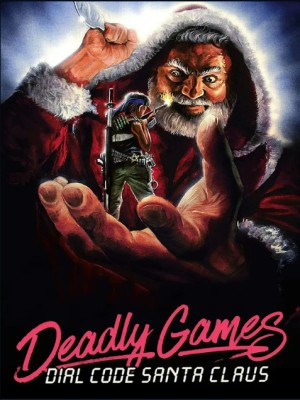 A gigantic, knife-wielding Santa Claus holds a young boy in the palm of his hand. The boy aims a rifle at Santa.