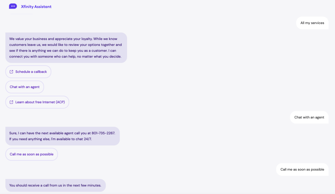 Chat with Xfinity customer service bot to cancel service.