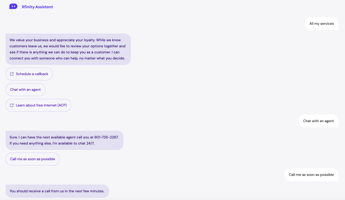 Xfinity Customer Service Chat Chat with Xfinity customer service bot to cancel service.