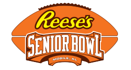 Logo for Senior Bowl game showing an orange football with reese's logo.
