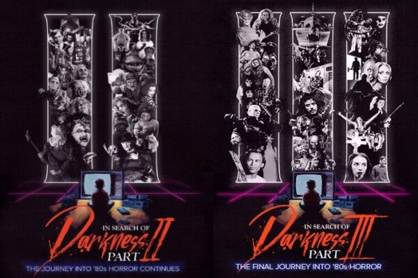 A collage of the posters for the second and third parts of the In Search of Darkness trilogy.