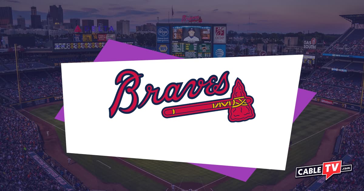 Braves logo over image of baseball field