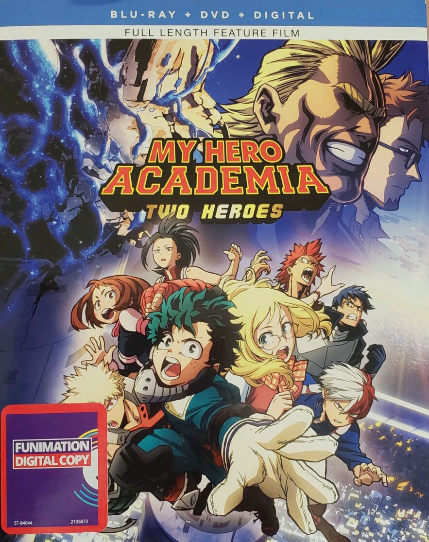 A combo DVD/Blu-Ray case for My Hero Academia: Two Heroes with a purple Funimation Digital Copy sticker on the front.