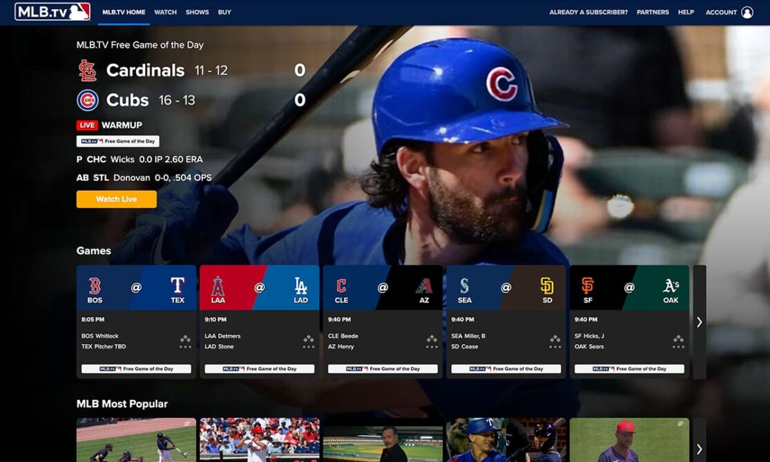 The MLB TV home screen has multiple image carousels with live games and featured videos.