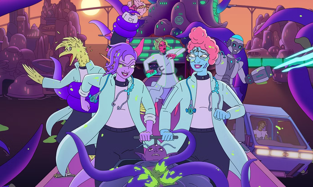 Two brightly colored alien doctors lead a chaotic ensemble of tentacles and goo.