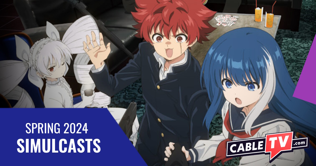 A red-haired anime boy, blue-haired anime girl with a white streak, and white-haired anime girl with pigtails look shocked at something offscreen. Text says "Spring 2024 Simulcasts" and "CableTV.com."