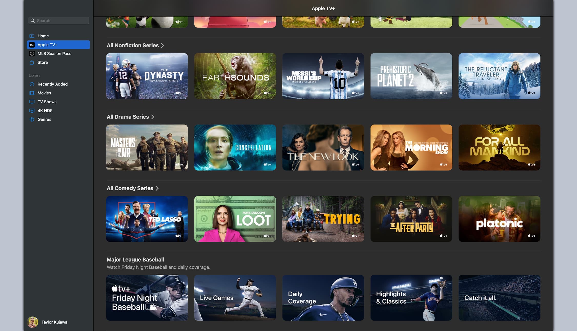 The Apple TV Plus home screen displays rows of TV series and MLB content.