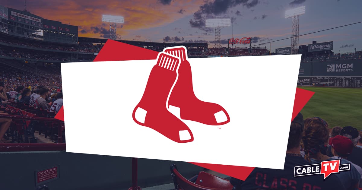 Boston Red Sox logo over image of baseball field