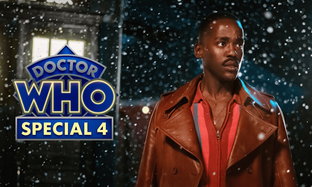 The "Doctor Who: Special 4" logo next to Ncuti Gatwa, a Black man with a mustache and brown leather jacket.