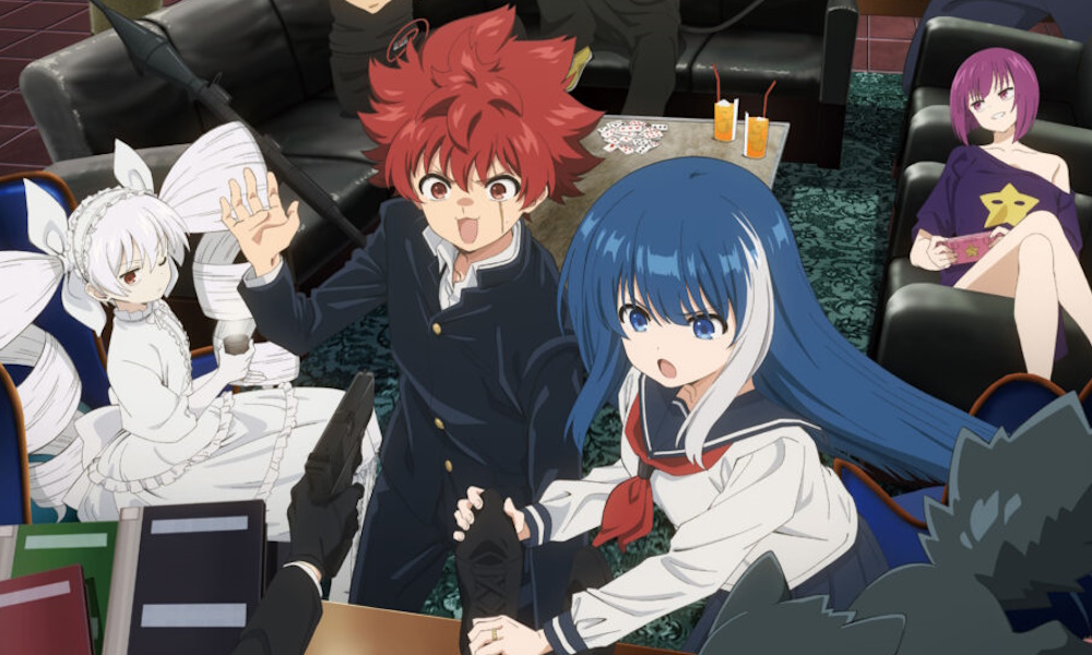 A red-haired anime boy, blue-haired anime girl with a white streak, and white-haired anime girl with pigtails look shocked at something offscreen.