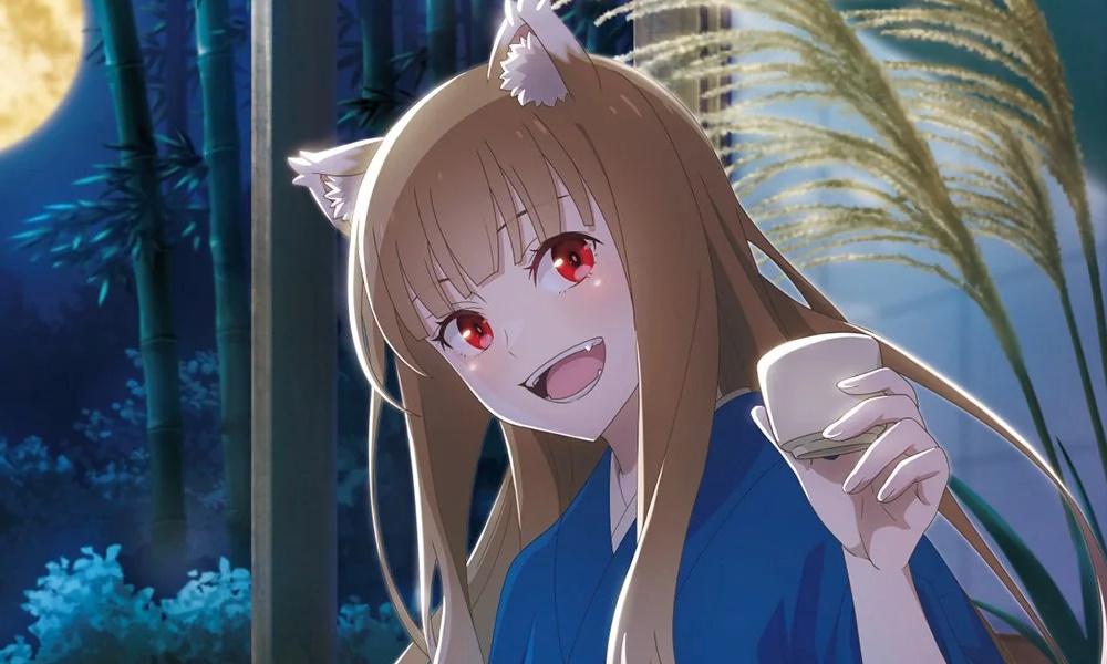 A smiling anime girl with long orange hair, wolf ears, and glowing red eyes.