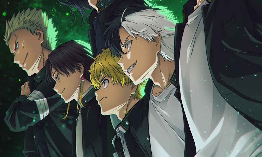 Several anime boys line up in a row with a green background and dramatic lighting.