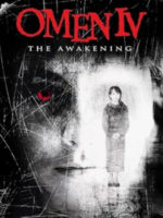 The poster for Omen IV: The Awakening shows a young girl with the head of a young girl looming behind her. The head has one glowing red eye.