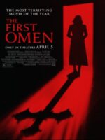 The poster for The First Omen (2024) shows a dark room. The door frames the silhouette of a young girl in a dress. She casts the shadow of an inverted cross.